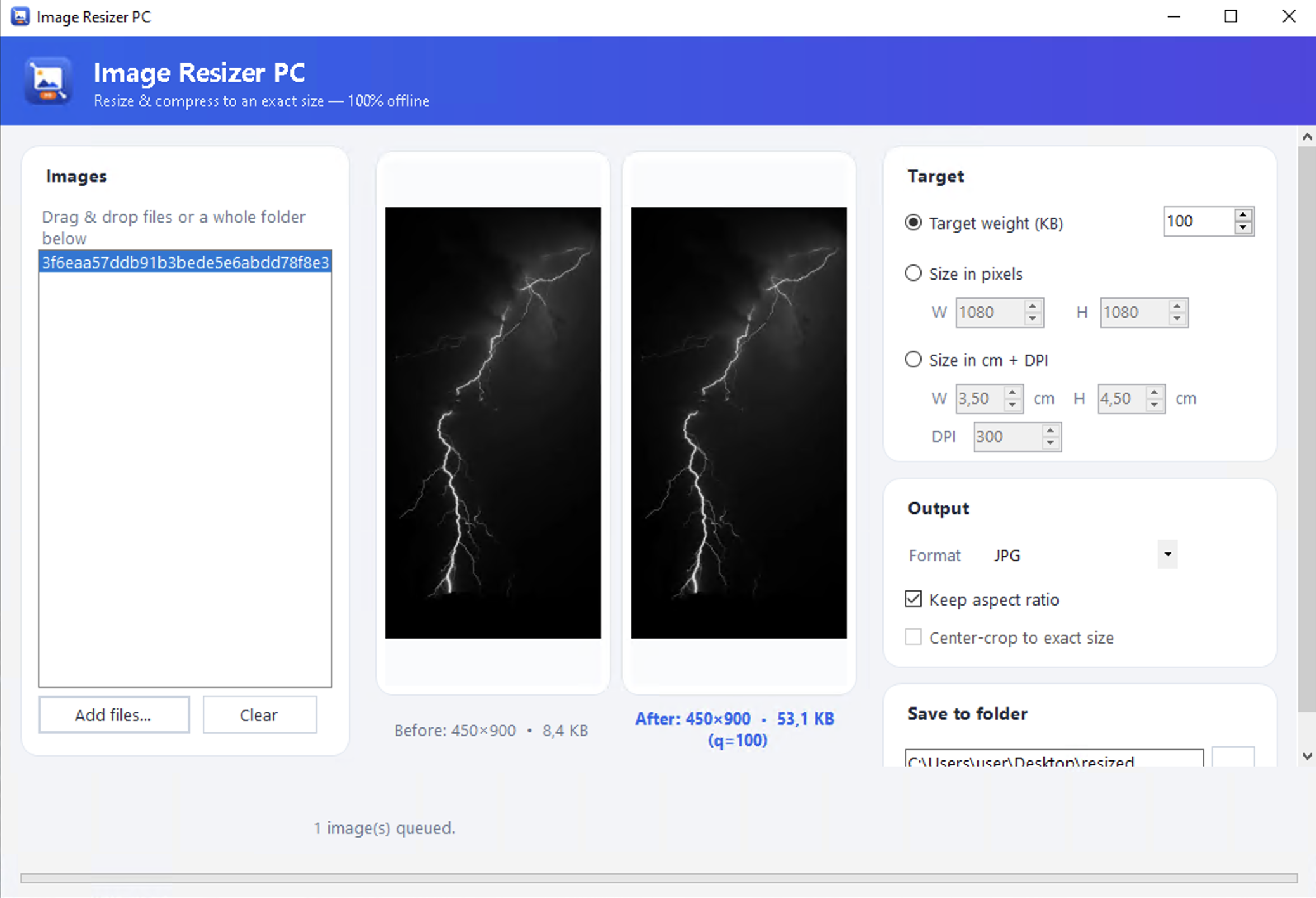 Before and after preview showing the resulting file size in KB after compressing to the target